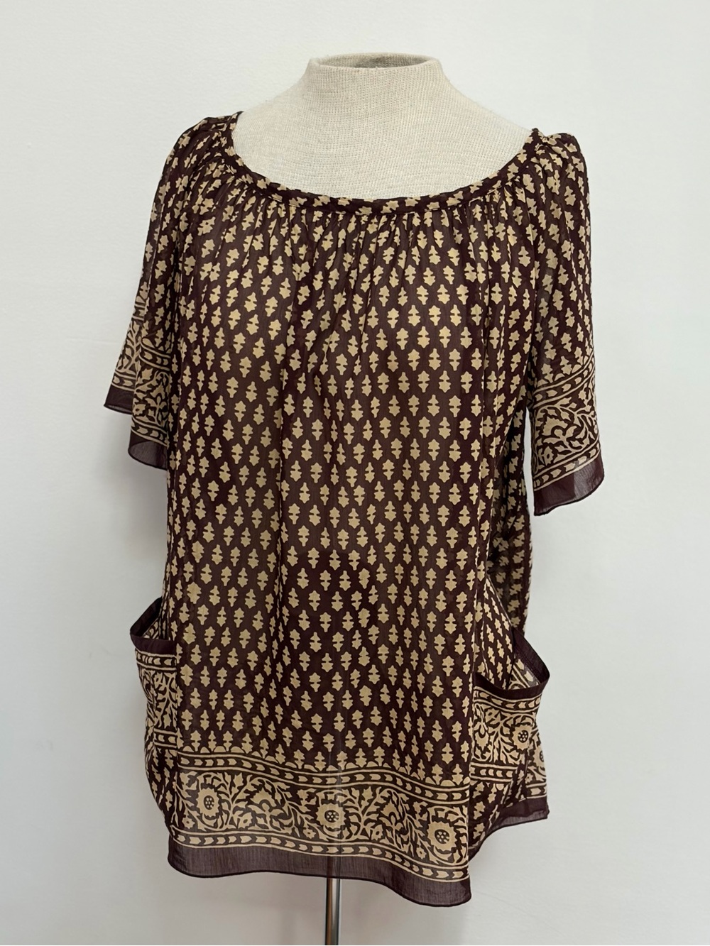 Brown and Cream Patterned Women's Peasant Blouse